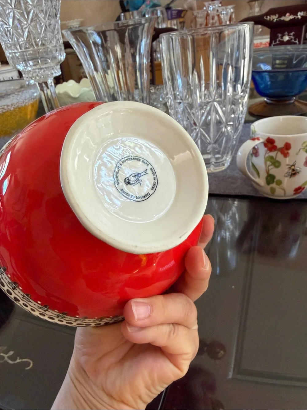 Anthropologie Red and Mint Hand-Painted Ceramic Serving Bowl